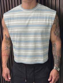 FRACTYR 男士夏季休闲复古条纹短款背心，浅蓝色和米色撞色无袖吊带衫，舒适透气，适合户外穿着 - 淺藍色 - 查看 3