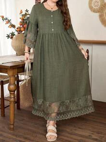 Lacomfia Vestido de línea A con parches de encaje floral vintage para mujer de talla grande - Verde - Ver 4