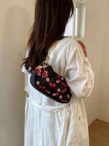 Simple Cherry Pattern Color Blocked Large Capacity Shoulder Bag, Fashionable Daily With Cherry Pendant, Niche Design Casual Elegant Lightweight Crossbody Bag, Suitable For Shopping, Daily Outings, Parties - Multicolor - View 4