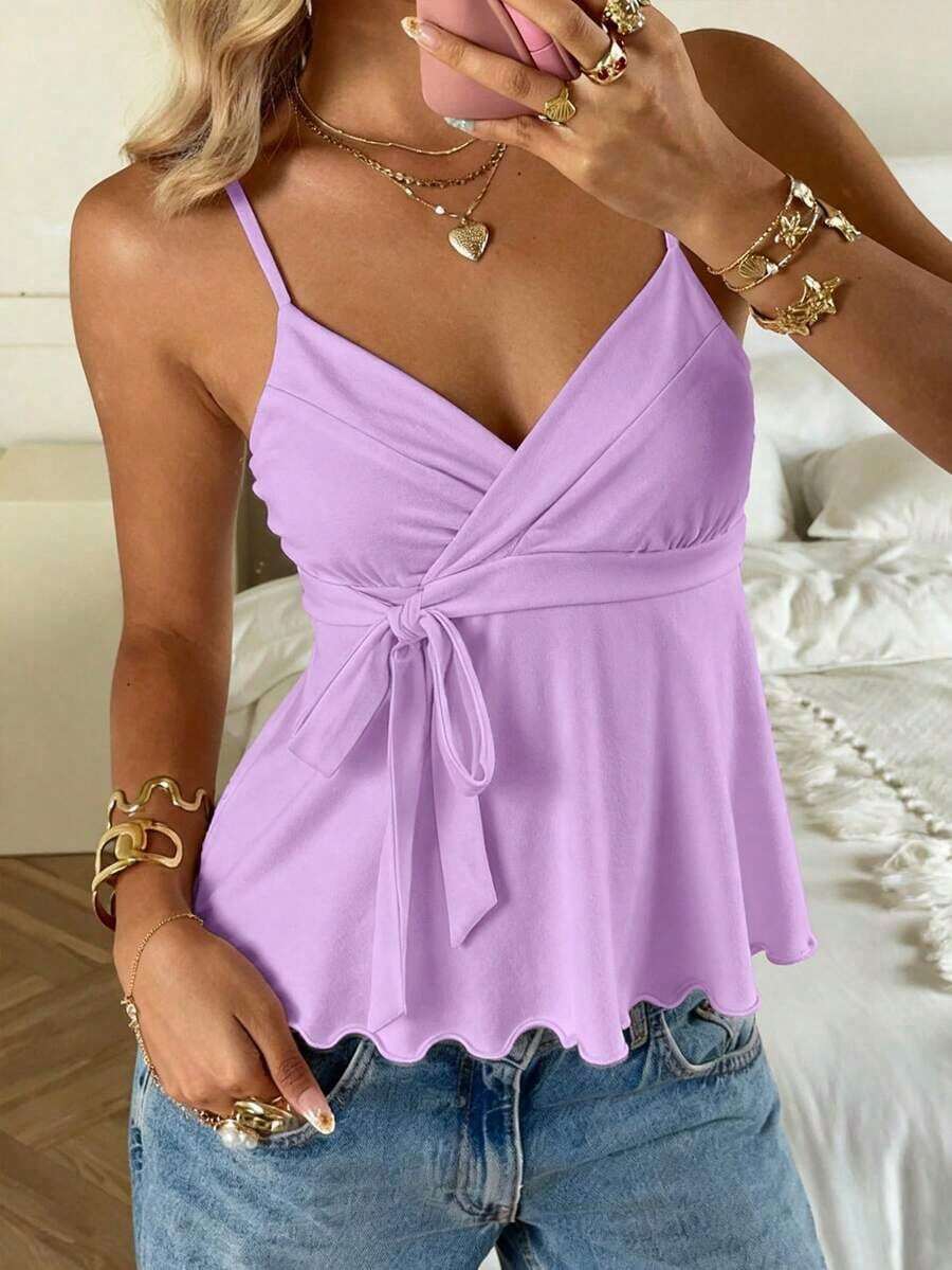 Camiseta de tirantes casual y versátil con estampado de lunares y detalle de nudo para mujer - Lila Púrpura - Ver 1