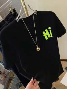 Short-Sleeved T-Shirt, 100% Cotton, With Front And Back Prints - Fluorescent Green - Fashionable Printed T-Shirt For Women, Perfect For Spring/Summer. Versatile And Casual, Suitable For All Seasons. Can Be Worn As A Base Layer In Spring And Autumn Or On Its Own In Summer. Unisex Style,  City-Boy Style Top Made Of Thick Cotton. - 白色 - 查看 9