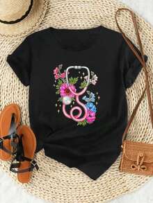 Women's White T-Shirt With Stethoscope, Flclothesal Design For Nurses And Doctors, Casual Women's Clothing, Short Sleeve T-Shirt, Modern Style, Women's Sportswear, Casual Blouses For Ladies - 黑色 - 查看 2