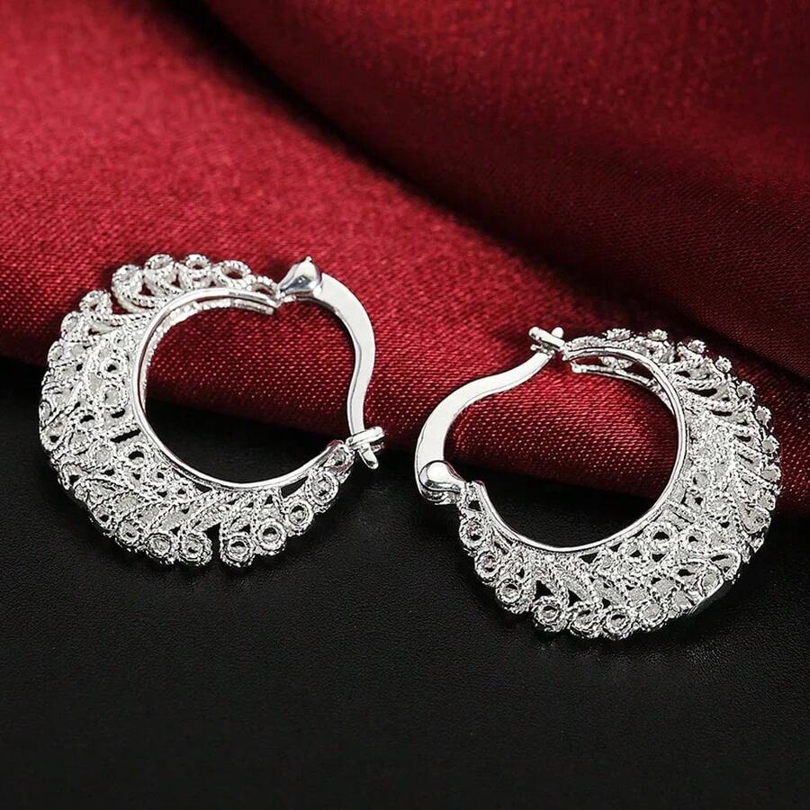 925 Sterling Silver Round Earrings, Elegant Dangle Earrings For Wedding Promises, Fine Hoop Earrings, Simple And High Quality, Versatile For Women. - 西瓜紅 - 查看 1