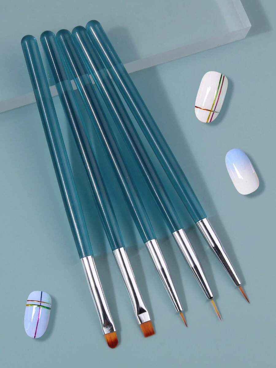 Bộ 5 cọ vẽ móng nghệ thuật, cán màu xanh ngọc lam với vòng giữ kim loại màu bạc, cọ đa năng dùng để thoa sơn móng và tạo đường viền.