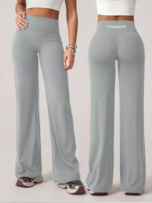 TimeOff 1pc Women's Minimalist Elastic V-Shaped Lifting Straight Wide-Leg Letter Print Sports Pants - Light Grey - View 1