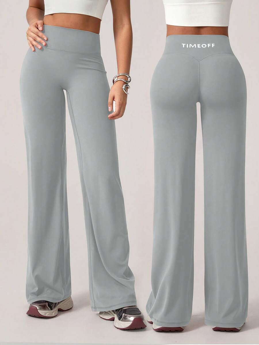 TimeOff 1pc Women's Minimalist Elastic V-Shaped Lifting Straight Wide-Leg Letter Print Sports Pants - Light Grey - View 1