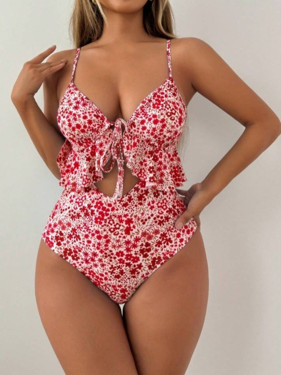 Traje de baño sexy de una pieza con estampado floral y volantes TK386 - Rojo - Ver 1