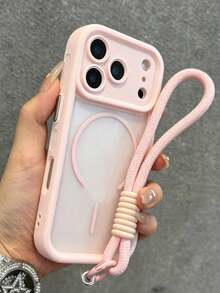 Translucent Matte Camera Protection Magnetic Wireless Charge Phone Case With Wristband Strap Compatible With IPhone 17 ProMax 17Pro 17Air 17 16 15 14 13 12 11 Pro Max Armor Plus Back Cover - Pink + Rope - View 2