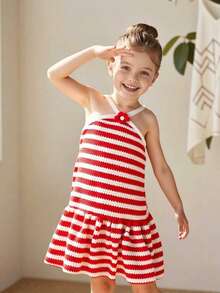 New Hot-Selling Summer Girls' Red And White Striped Crochet Halter Dress Children's Flower Decorated Ruffle Casual Dress Daily Leisure Vacation - Red and White - View 3