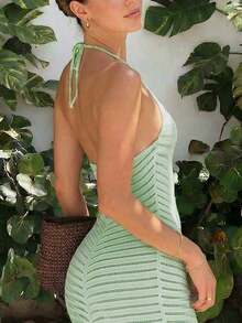 Nuevo vestido de verano de mujer de punto sin mangas, estilo casual de resort de playa, vestido elegante entallado, color blanco sólido, sexy cubreplaya de estilo bohemio para vacaciones - Verde Claro - Ver 2