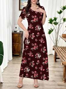 Al Najma Vestido de punto con estampado floral de cuello en V y manga corta para mujer, adecuado para usar como prenda exterior o para capas, ideal para citas, vacaciones, uso diario, casual, fiestas, vacaciones, primavera/verano - Rojo - Ver 5
