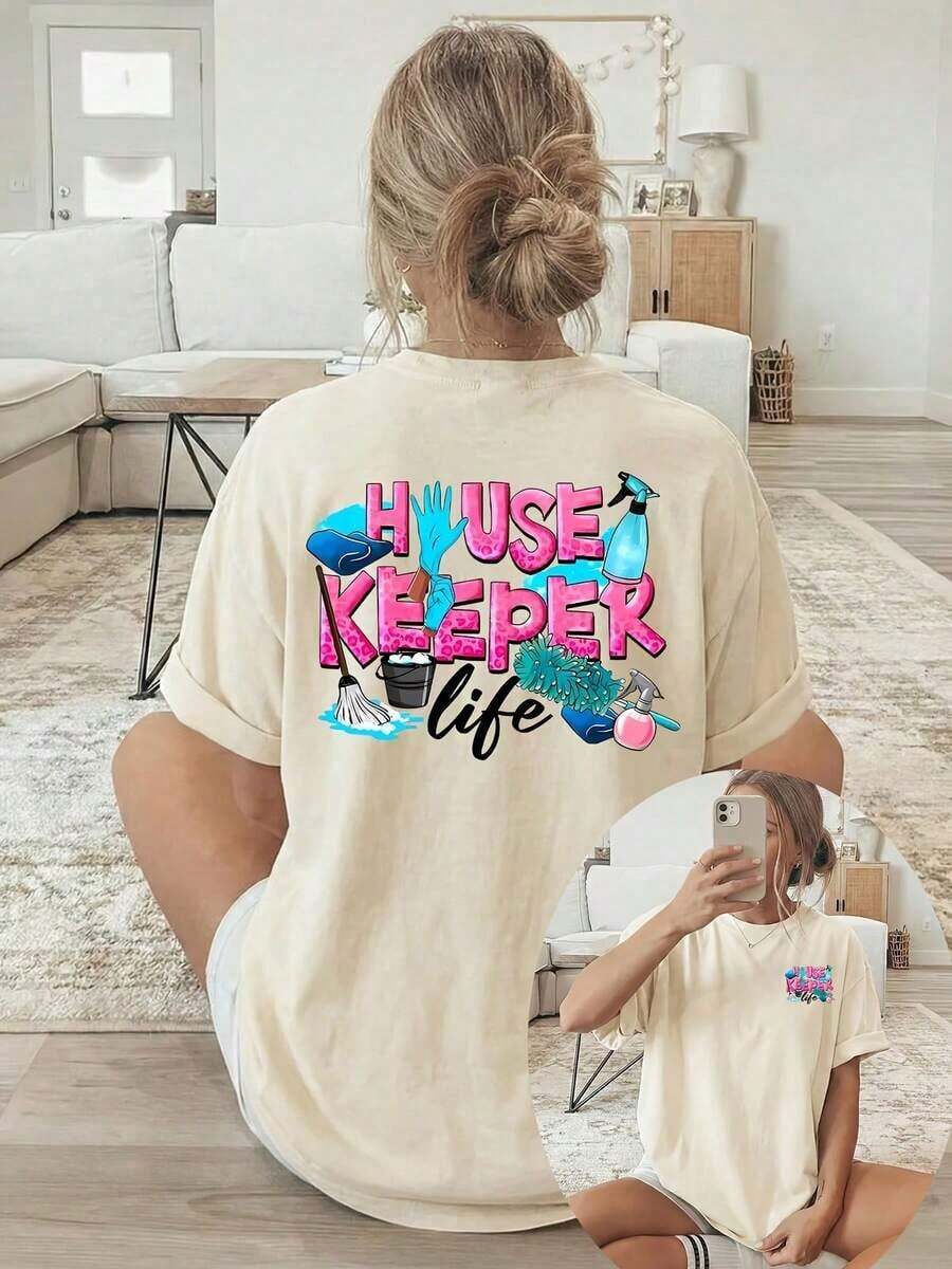 GiftGiftGift [Double-Sided Print] Women's Camisole, Casual Short-Sleeved Round-Neck Top With Pink "HUSE KEEPER" Print And Cleaning Tool, Machine Washable, Suitable For Casual Wear, Multi-Purpose Clothing, Fashionable And  Camisole, Comfortable Material, For Style Enthusiasts, Soft. - 杏 - 查看 1