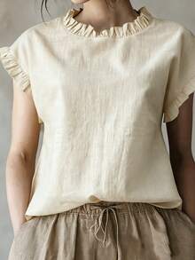 Women's New Ruffle Collar & Sleeve Design Solid Color Casual Blouse, Elegant And Versatile For Summer, Suitable For Work, Home And Office - Apricot - View 1