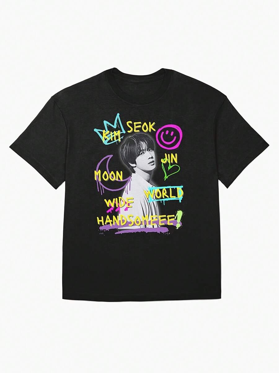 Anime Shirt TS Jin Men'S Graphic T-Shirt- Black Neon Handsome Guys Around World Lettering Print- Birthday, Valentine'S Day, Father'S Day- Regular Fit Crew Neck Casual Top- Washable, an Everyday Essential, Fun Printed Design, Breathable Fab Create A Stylish Summer Look - Svart - Visa 1