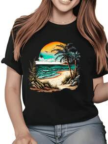 Camiseta de Mujer con Estampado de Playa, Manga Corta Casual, 1 Pieza, 100% Tejido Grueso - Cuello Redondo Cómodo, Camiseta Suave y Bonita - Blanco - Ver 4