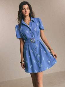 Vestido camisero mini con mangas abullonadas, cinturón con hebilla y unicolor para mujer, estilo casual de verano - Azul marino - Ver 3