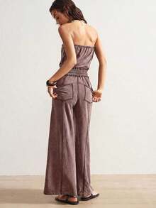 SUN Women's Knit Jumpsuit With Pockets And Adjustable Drawstring - 鏽棕色 - 查看 9