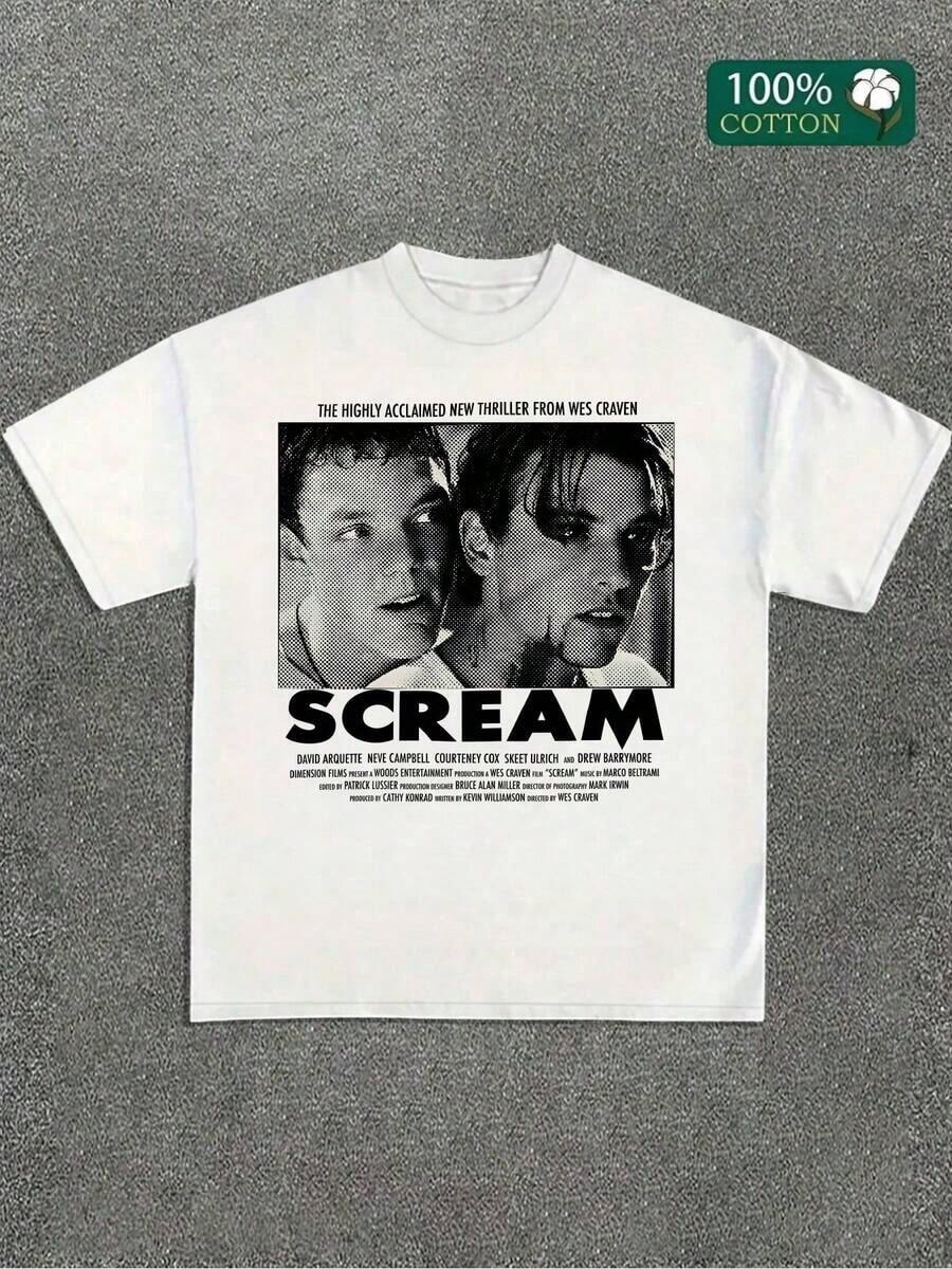 Nuevas llegadas de verano 2026: Camisetas creativas de diseño único Y2k para Halloween, con estampado de póster vintage de la película Scream, cuello redondo, manga corta, camisetas de moda para el verano, regalos para las fiestas. Diseños creados específicamente para el Día del Papa, exclusivos para el Día de la Independencia y la Declaración de Independencia, una camiseta de moda para hombre para el verano. - Blanco - Ver 1