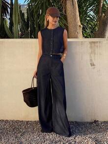 Women Denim Two-Piece Outfits - 深藍色 - View 7