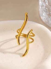 1pc Stainless Steel 18K Gold Plated Minimalist Wave Line Ring, Suitable For Women's Daily Wear And Parties - Multicolor - View 5