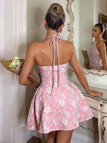 Charm Vestido sin mangas elegante y minimalista de color rosa tejido con pliegues en los lados, adecuado para banquetes y fiestas de té - Rosa - Ver 2
