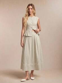 Falda de mujer con diseño de empalme de bolsillos laterales y dobladillo de encaje, de nueva llegada para primavera/verano, versátil para la oficina, ocasiones formales y elegante para el transporte urbano - Marrón - Ver 8