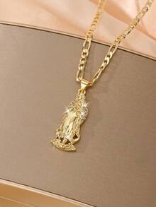 1pc Classic European & American Copper Inlaid Zirconia Small Vintage Gold-Tone 3D Guadalupe Virgin Mary Pendant Necklace, Suitable For Christmas/Thanksgiving/Halloween/Mother's/Valentine's Day Gifts, Catholic First Communion, Daily & Holiday Wear, Prayer - Yellow Gold - View 3