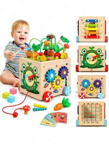 Juguete educativo Montessori multifuncional de madera para bebés, cubo de actividades de madera 9 en 1 (laberinto de cuentas, extracción de zanahorias, juego de atrapar insectos, reloj de aprendizaje, combinación de formas, engranajes giratorios, xilófono y coche de arrastre con cuerda), juguete de clasificación de bloques, juguete interactivo de aprendizaje temprano para niños, reconocimiento de colores, entrenamiento de motricidad fina y desarrollo de la concentración, regalo de cumpleaños para niños y niñas. - Verde - Ver 10