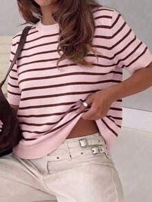 Cárdigan de mujer con cuello en V y manga corta,decoración con botones delanteros,estilo de moda minimalista y versátil casual,adecuado para el uso diario,linda blusa de punto para el verano - Rosa - Ver 5