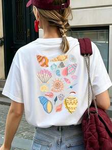 New For Spring/Summer: 100% Cotton Short-Sleeved T-Shirt With Vibrant Seashell Prints, Relaxed Loose Fit For All-Day Comfort, Perfect For Everyday Outings And Holiday Travel. - White - View 8