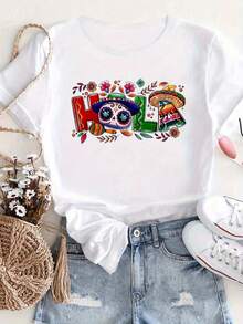 Stylish And Modern Street Style - Fashionable Casual T-Shirt With Mexican Day Of The Dead Print, Round Neck, Short Sleeve, Sporty, Women's Clothing - 黑色 - 查看 11