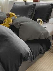3pcs Blue & White Patchwork Soft Cotton Duvet Cover Set - Dark Grey - View 3