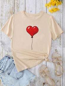 Women's Camisole With Red Balloon And Heart Print, Short-Sleeved Round Neck Camisole For Spring And Summer, Pure-Cotton - Apricot - View 1
