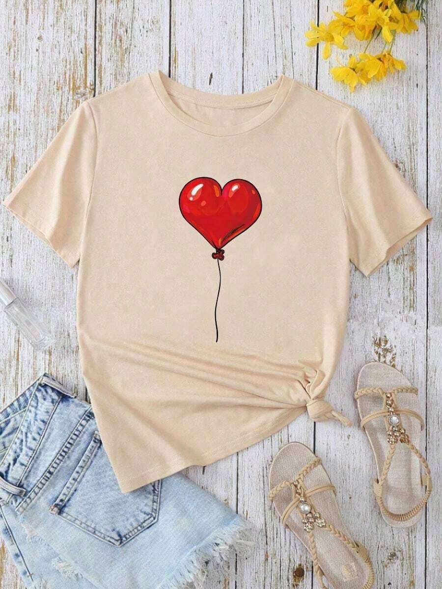 Women's Camisole With Red Balloon And Heart Print, Short-Sleeved Round Neck Camisole For Spring And Summer, Pure-Cotton - Apricot - View 1