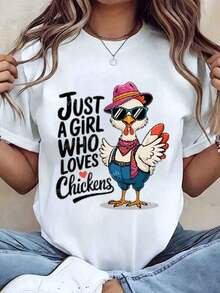 Women's T-Shirt With Chicken Print, Hat And Sunglasses, Round Neck, Loose Fit, Casual Style For Everyday Wear, Gift Idea, 220g, Oversized Blouse - 白色 - 查看 1