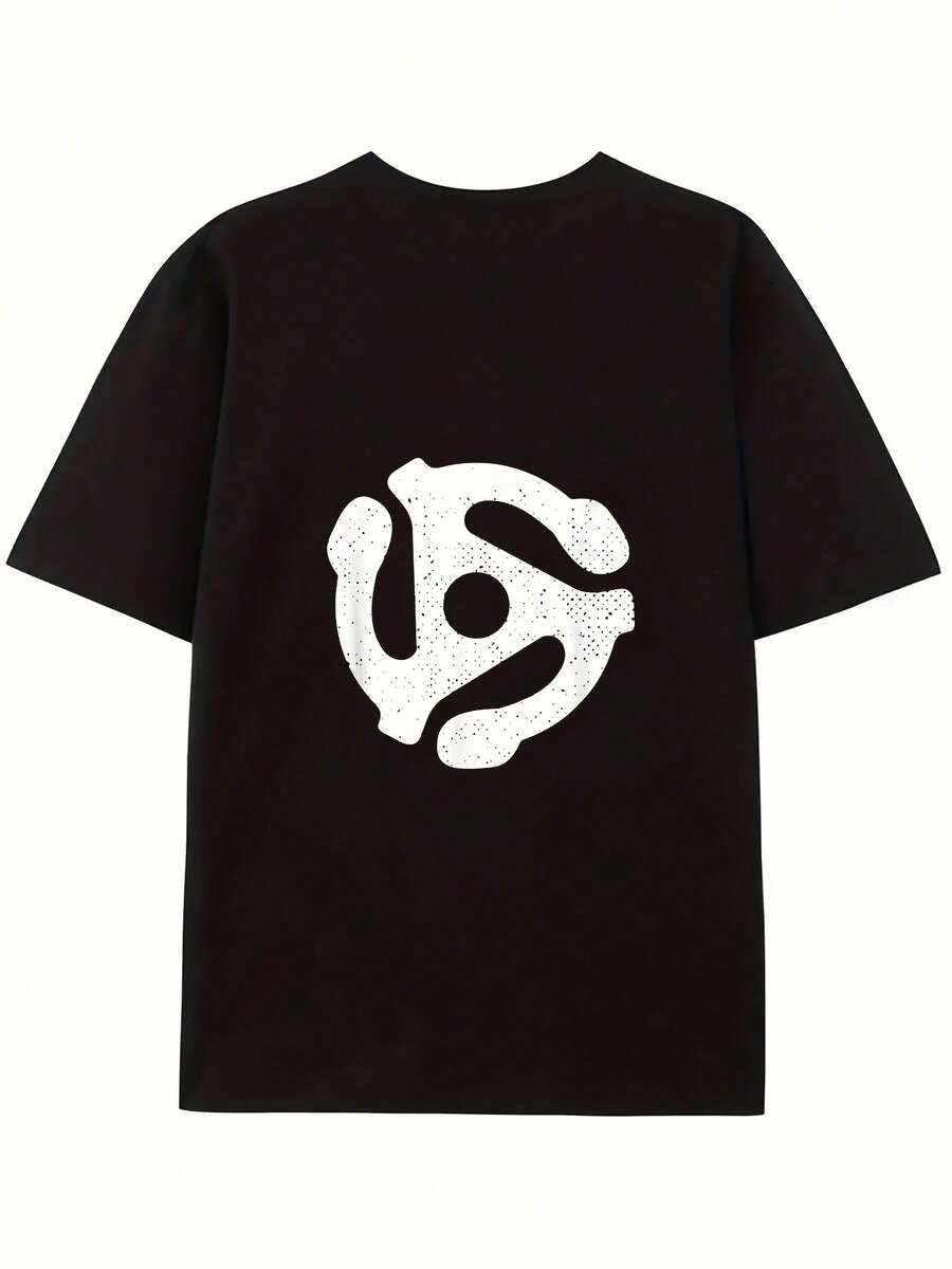 Vintage T-Shirt With 45 RPM Vinyl Record Adapter Print - Black With White Print, Loose Fit, Casual Style, Suitable For Music Lovers, DJs And Vintage Enthusiasts - Original Gift, Machine Washable, Opaque. - 黑色 - 查看 1