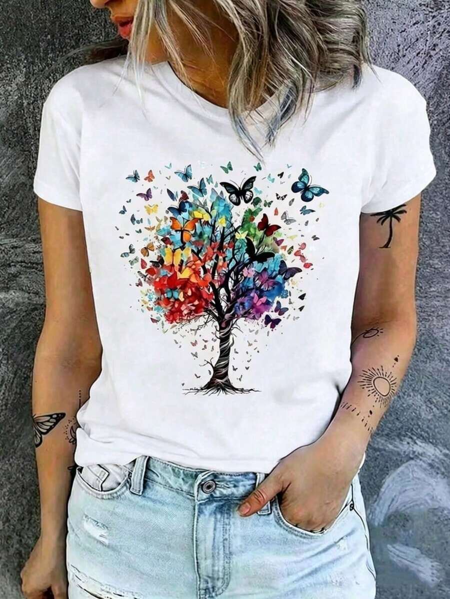 Women's Short-Sleeved T-Shirt, Round Neck, Loose Fit, Casual And Versatile, New Butterfly And Tree Print, Ideal As A Base Layer, Soft Fabric With Good Drape - 白色 - 查看 1