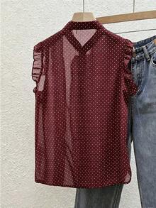 Blusa de mujer de gasa negra con lunares, elegante y romántica con volantes en el bajo - Rojo violeta - Ver 9