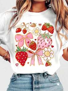 Women's T-Shirt With Strawberry Print, Bows And Flowers, Heat Transfer Design, Red Strawberries, Sweet, Youthful Style, Vibrant Colors, Eye-Catching Modern Casual Outfit - [白色的] - 查看 4