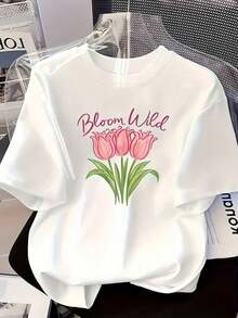 1 pieza de camiseta blanca para mujer con estampado de flores de tulipán rosa, cuello redondo, camiseta casual de algodón, tejido de punto de elasticidad media, corte regular para damas, ideal para primavera/verano/otoño. - Rosa - Ver 6