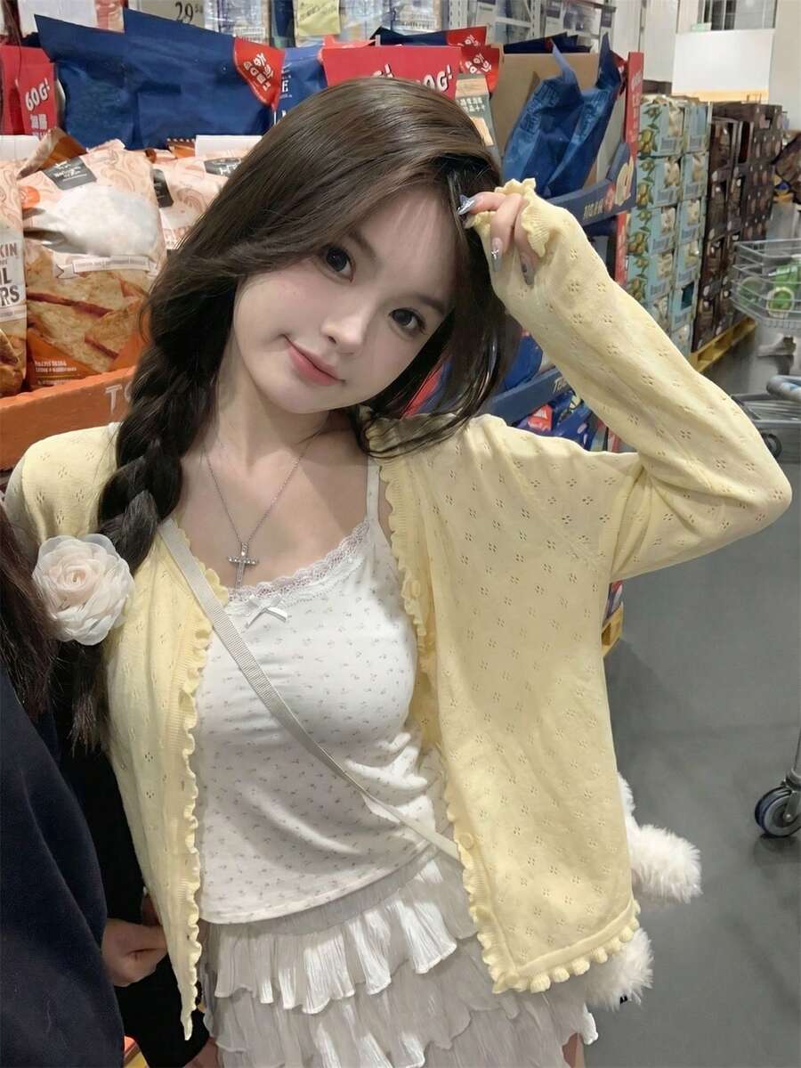 Short Sleeve Cardigan, Lightweight Hollow Out Knit Cardigan For Women, Casual Sweet Style With Frill Trim, Spring/Summer Yellow - Yellow - View 1
