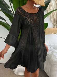 Swim Vcay Vestido cover up de croché en contraste de manga con volante - Negro - Ver 3