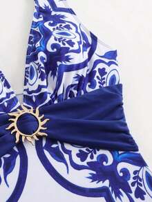 Swim Oasis Conjunto de traje de baño de una pieza 2025 con estampado, falda y pantalones de malla para mujer, conjunto de traje de baño informal para playa y vacaciones de verano - Azul y blanco - Ver 7