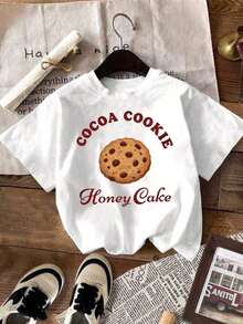 T-Shirt With Cocoa Cookie Illustration And "Cocoa Cookie" Text, Sweet Youthful Style, Short Sleeves, Round Neck - 白色 - 查看 5