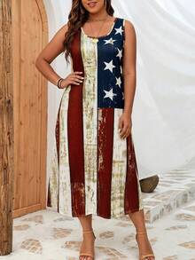 Vestido largo casual con estampado de bandera estadounidense para mujer de talla grande, vestido de verano de cuello redondo para vacaciones, conjunto casual de vacaciones, vestido ajustado de playa midi - Multicolor - Ver 2
