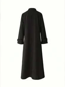 Women's Solid Color Button Versatile Long Sleeve Arabic Style Trench Coat Jacket, Black, Autumn - Black - View 4