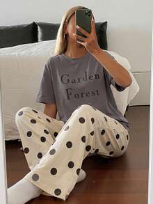 DAZY 2pcs Women Pajama Set, Short Sleeve Top And Long Pants, Soft Homewear, Spring/Summer - Grey - View 5