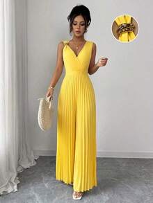 Mono elegante de mujer para uso diario con cuello en V amarillo, sin mangas, hebilla metálica, cintura plisada y ajustado, para primavera/verano - Amarillo - Ver 5