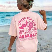 女童 Save The Sharks 字母 & 鯨鯊圖案背印圓領短袖T恤，復古海灘休閒寬鬆夏季度假兒童上衣 - 粉色 - 查看 2