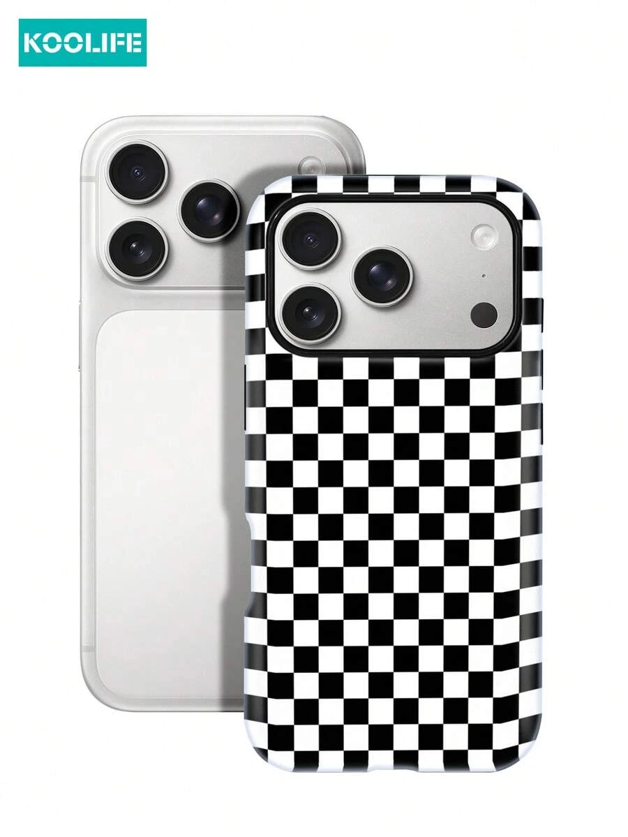 Koolife 1個黑白棋盤格手機殼，2合1 PC+TPU 防摔保護套，亮面設計，適用於 Apple 17/17Pro/17ProMax/16/15/14/13 - 黑白方格 - 查看 1